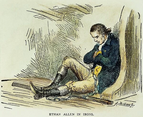 ETHAN ALLEN (1738-1789). Ethan Allen in prison after his capture by the British at Montreal in 1775. Colored engraving, 19th century