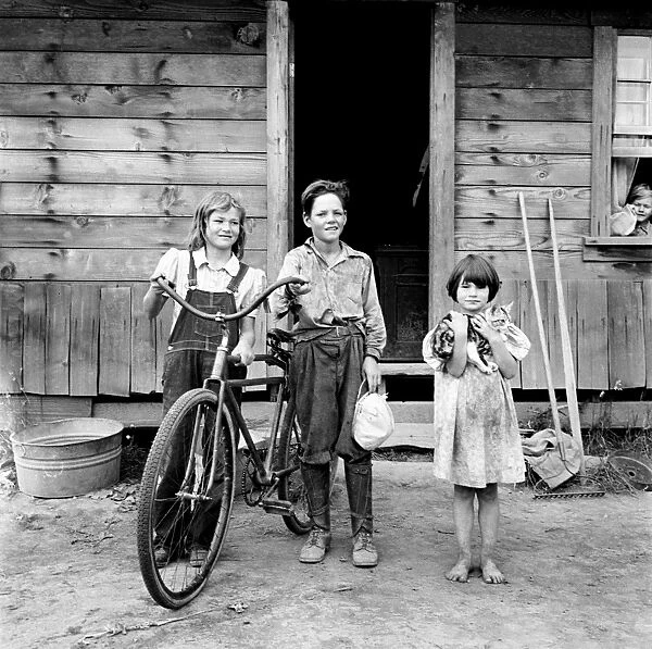 FARM CHILDREN, 1939. Three farm children with a bicycle, Thurston County, Washington State. Photograph by Dorothea Lange, August 1939