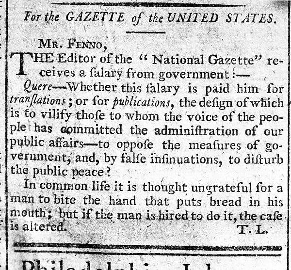 FEDERALIST NEWSPAPER, 1792. Letter from Alexander Hamilton to John Fenno, editor