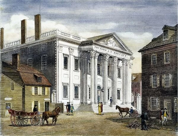 FIRST BANK OF U. S. 1799. The First Bank of the United States, in Third Street, Philadelphia: colored line engraving, 1799, by William Birch & Son