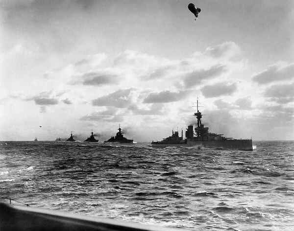 A fleet of British Orion-class battleships, including the HMS Orion, HMS Thunderer, HMS Monarch and HMS Conquerer. Photographed during World War I
