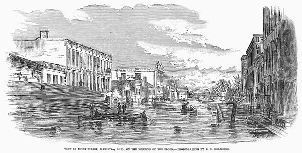 FLOODS: MARIETTA, 1860. View of Front Street, Marietta, Ohio, on the morning of the Flood of 1860. Contemporary wood engraving from an American newspaper
