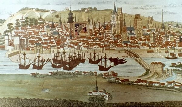 FRANCE: ROUEN, 1525. Ships on the River Seine in the Port of Rouen in 1525. Engraving, French, 16th century