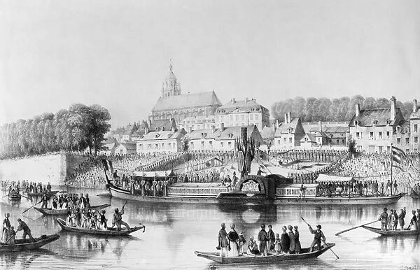 FRANCE: STEAMBOAT, 1839. Launching of the unexplodable steamboat Papin at Blois