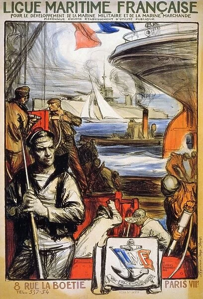 French Naval League for the development of the navy and the mercantile marines. French lithograph poster, 1918, depicting sailors working on a ship in dock during World War I