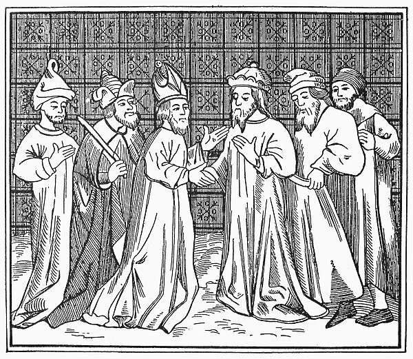 FRENCH RABBIS. A conference of rabbis. Woodcut, French, 13th century