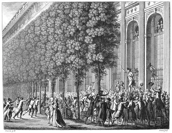 FRENCH REVOLUTION, 1789. Camille Desmoulins haranguing Parisians at the Palais Royal on 12 July 1789, two days before the taking of the Bastille and the actual beginning of the French Revolution. French line engraving by Jean-Louis Prieur, early 19th century