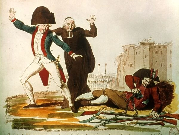 FRENCH REVOLUTION, 1792. A chained member of the Third Estate rises up against the clergy and nobility: colored engraving, 1792