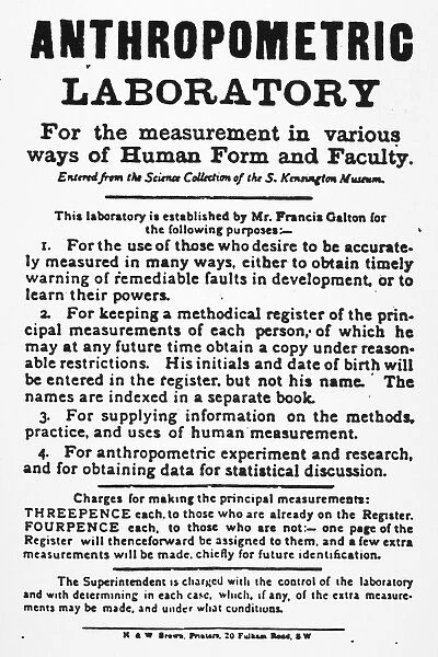 GALTON: LABORATORY, 1884. Poster for Sir Francis Galtons Anthropometric Laboratory at London