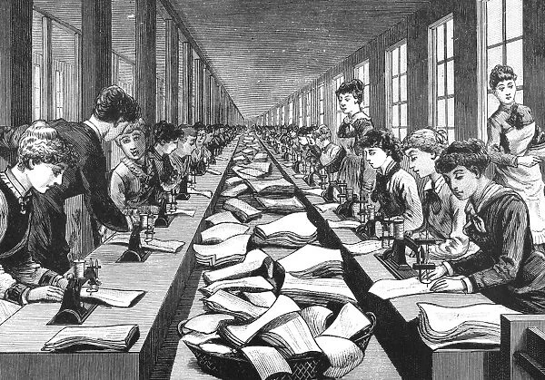 GARMENT FACTORY. Women garment workers sewing fabric squares together. Wood engraving, American, 19th century