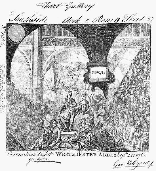 GEORGE III: CORONATION, 1761. Ticket to the coronation of King George III and Queen Charlotte of England at Westminster Abbey, 22 September 1761