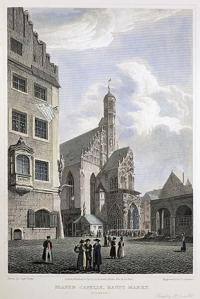 GERMANY: NUREMBERG, 1822. The Frauen Cappelle by the main market at Nuremberg, Germany. Steel engraving, 1822, after a drawing by Robert Batty