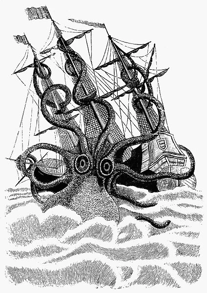 GIANT OCTOPUS. A giant octopus attacking a vessel. Line engraving, French, after a picture in the Church of St. Malo, France, 16th century