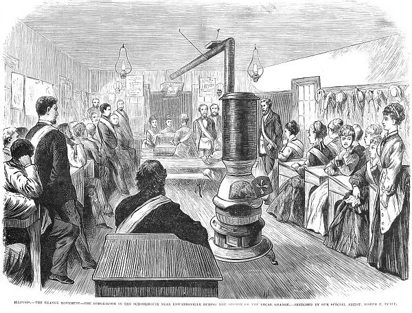 GRANGE MOVEMENT, 1874. A Grange meeting in the schoolhouse near Edwardsville, Illinois, in 1874