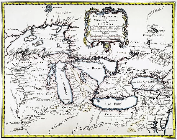 GREAT LAKES MAP, 1755. French engraved map of the Great Lakes, 1755