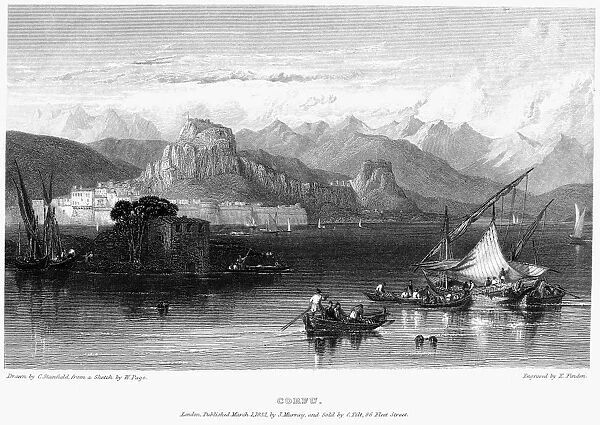 GREECE: CORFU, 1832. View of the Greek island of Corfu, in the Ionian Sea. Steel engraving, English, 1832, by Edward Finden after Clarkson Stanfield