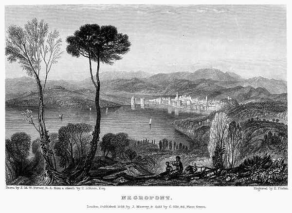 GREECE: EURIPUS STRAIT. View of the Euripus Strait from the Aegean island of Euboea, looking towards the city of Chalcis and its connection to the Greek mainland at Negropont. Steel engraving, English, 1834, by Edward Finden after Joseph Mallord William Turner