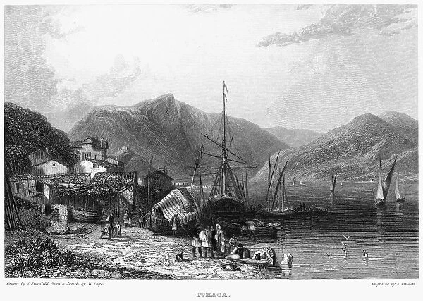 GREECE: ITHACA, 1832. View of the Greek island of Ithaca, in the Ionian Sea. Steel engraving, English, 1832, by Edward Finden after Clarkson Stanfield