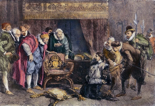 GUNPOWDER PLOT, 1605. Guy Fawkes (1570-1606) being interrogated by King James I and his council in the Kings bedchamber at Whitehall, following discovery of the Gunpowder Plot to blow up the Houses of Parliament, 5 November 1605: wood engraving, 1861, after Sir John Gilbert