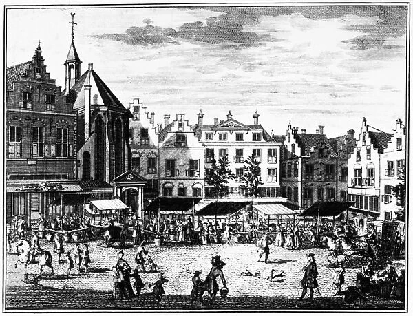 THE HAGUE: MARKET, 1727. The vegetable market held each morning in front of the chapel of St. Nicholas Hospital in The Hague, the Netherlands. Line engraving from the Grand Marot, by Daniel Marot, 1727