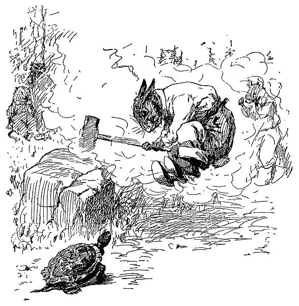 HARRIS: UNCLE REMUS, 1895. Brer Rabbit smashing the rock while Brer Terrapin looks