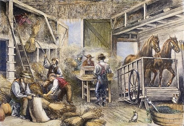 HARVESTING, 1879. Wood engraving, American, 1879, after a drawing by William de la Montagne Cary