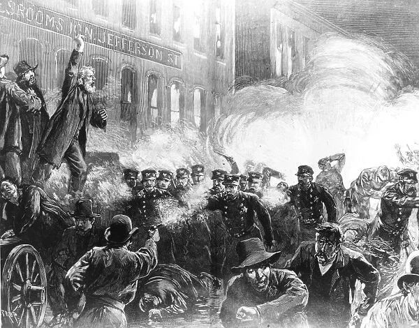THE HAYMARKET RIOT, 1886. Riot at the meeting at Haymarket Square, Chicago, Illinois, 4 May 1886. Wood engraving from a contemporary American newspaper
