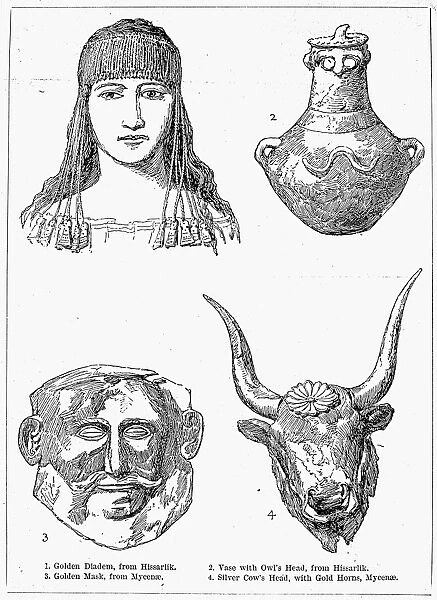 HEINRICH SCHLIEMANN (1822-1890). German traveler and archaeologist. Artifacts excavated by Schliemann in 1871 at Hissarlik, Turkey (diadem and vase), site of ancient Troy; and at Mycenae (mask and cows head) in 1876