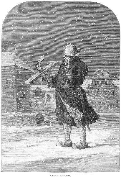 HOLLAND: WATCHMAN, 1870. A Dutch watchman. Wood engraving, English, 1870