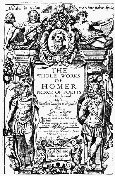 HOMER TITLE PAGE, 1616. Engraved title page by William Hole to the first edition of George Chapmans translation of The Whole Works of Homer, London, 1616
