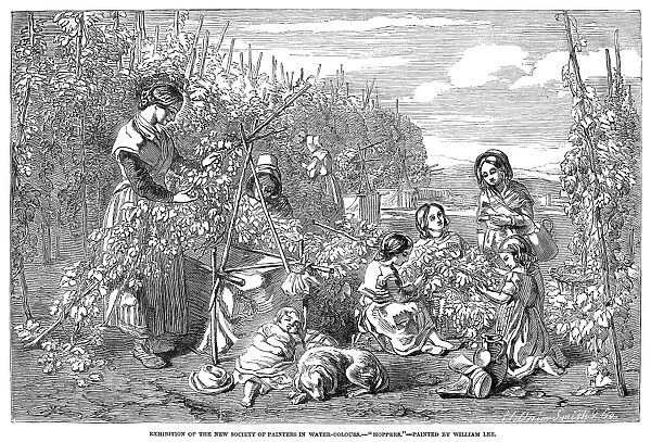 HOP PICKERS, 1851. A family of hop pickers. Wood engraving after a painting by William Lee