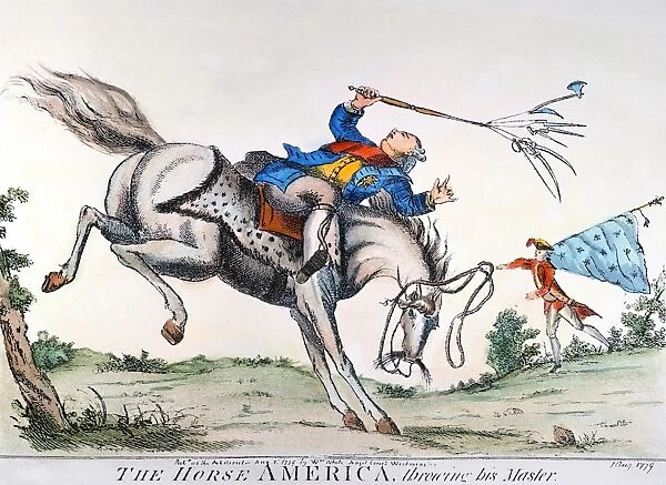The horse America throwing his master. An English satirical cartoon of 1779 predicting the outcome of the American Revolutionary War