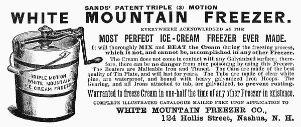 ICE CREAM FREEZER, 1888. Advertisement for an ice cream freezer. Wood engraving, American, 1888
