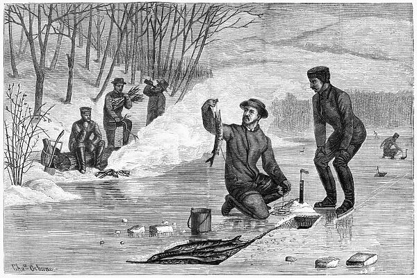 ICE FISHING, 1874. Pickerel fishing through the ice