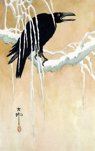 IKEDA: BLACKBIRD IN SNOW. Japanese woodcut by Koson Ikeda, c1885