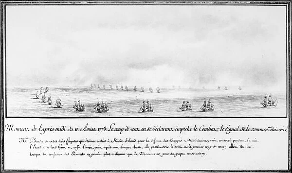An impending storm halts an action between the French naval squadron under the command of Comte d Estaing (aiding the American cause) and the English fleet, 11 August 1778. Contemporary drawing by Pierre Ozanne