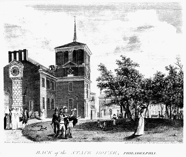 INDEPENDENCE HALL, 1799. Back of the State House (Independence Hall), with a view of Chestnut Street, Philadelphia, Pennsylvania. Line engraving, 1799, by William Birch & Son