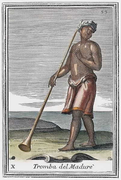 INDIAN TRUMPET, 1723. Copper engraving, 1723, by Arnold van Westerhout