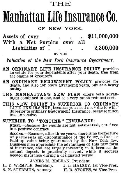 INSURANCE ADVERTISEMENT. The Manhattan Life Insurance Company, from an American
