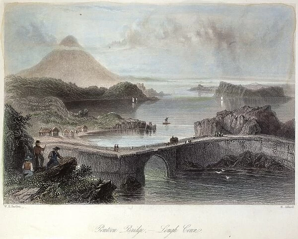 IRELAND, 19th CENTURY. A pontoon bridge over Lough Conn in County Mayo, Ireland. Steel engraving, English, c1840, after William Henry Barlett