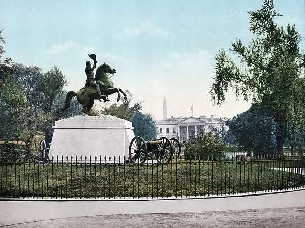 JACKSON MONUMENT, c1898. View of the Andrew Jackson Monument and the White House in Washington, D