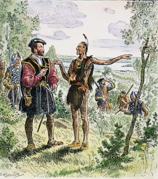 JACQUES CARTIER at the Huron-Iroquois village of Hochelaga (at present-day Montreal) in 1535