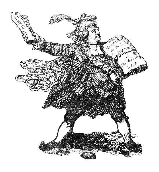 JAMES BOSWELL (1740-1795). Scottish writer and lawyer. Caricature, 1786, by Thomas Rowlandson showing a boastful Boswell hawking his publications