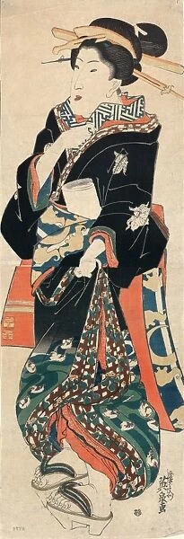 JAPAN: GEISHA, c1825. A Japanese geisha. Color woodcut by Eisen Ikeda, c1825