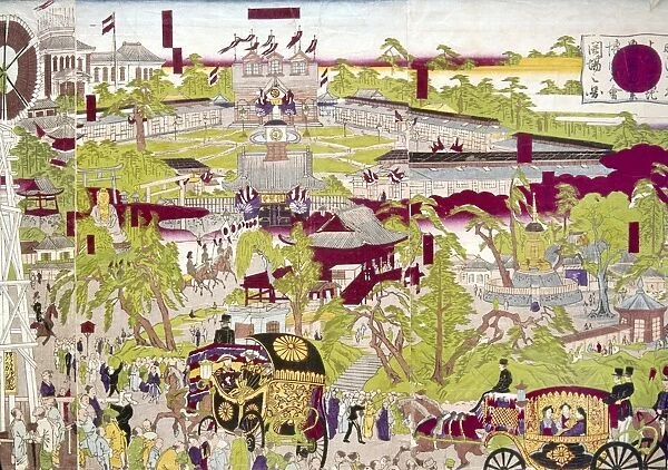 JAPAN: TRADE FAIR, 1877. Meiji emperor and empress at the First Industrial Fair, Tokyo