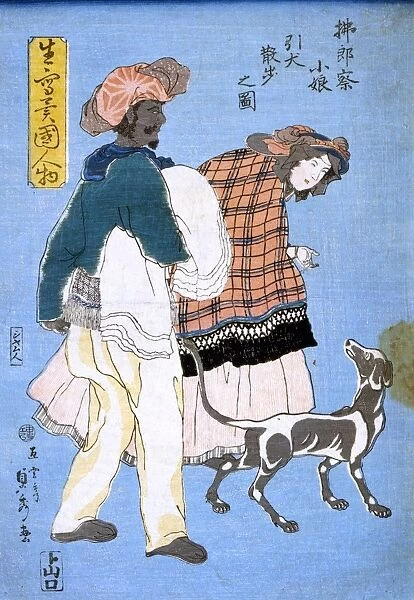 JAPAN: WOMAN WITH DOG. A French woman walking her dog, accompanied by a dark-skinned man wearing a turban. Woodcut in colors by Sadahide Utagawa, c1860