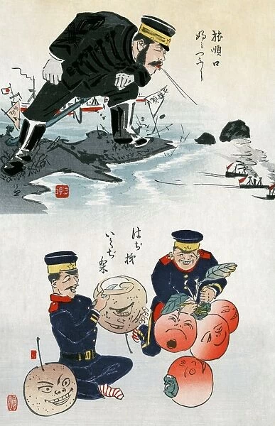 A Japanese cartoon showing Chinese military tactics. Color woodcut by Kobayashi Kiyochika, c1895