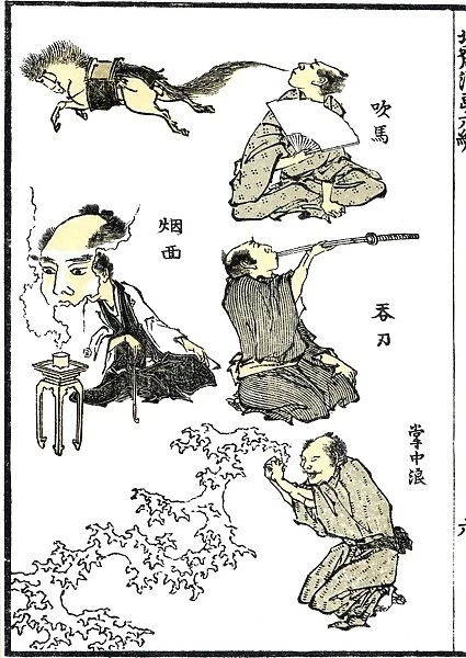 Japanese magicians performing exhaling a horse, smoke face, sword swallowing and waves from the palms in this woodblock print, 1819, from the Manga of Katasushika Hokusai