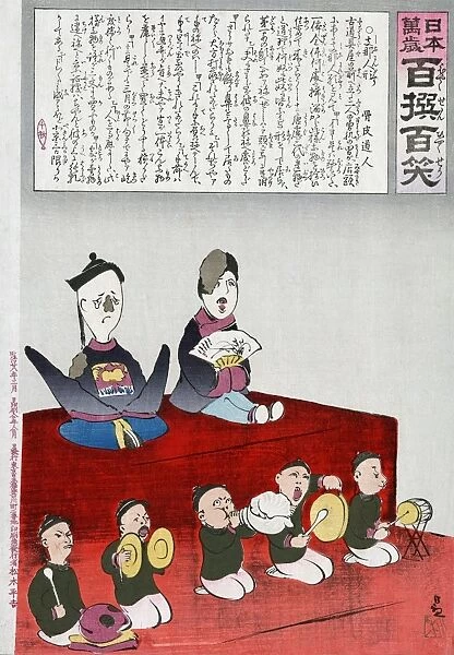 A Japanese satire depicting a miserable looking Chinese Emperor and Empress seated on a raised platform with percussion musicians seated in front of them. The Emperor appears to have lost his nose and part of his right shoulder with and the Empress is missing part of her scalp. Japanese woodblock by by Kiyochika Kobayashi, c1895