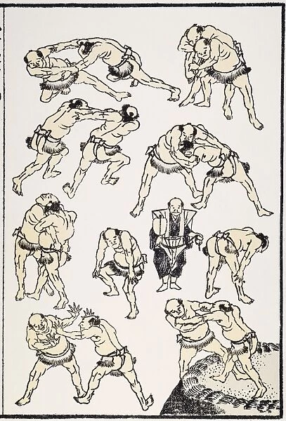 Japanese Sumo wrestlers practicing for a match. At center, with a fan, is the referee. Woodblock print, 1817, by Katsushika Hokusai for his Manga